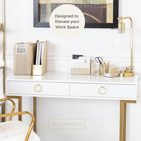 Gold Desk Accessories Set - 5 Piece Office Organization with Hanging File Holder, Boho Desk Décor for Women