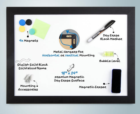 Real Wooden Framed Magnetic Dry Erase Whiteboard, 18" X 24", Vertical/Horizontal Mount, Includes Black Marker and Eraser