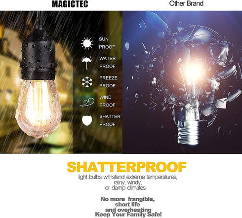 Magictec Commercial 15 48 LED Shatterproof String Lights Grade with Hanging Sockets Ft Black Outdoor Weatherproof Cord