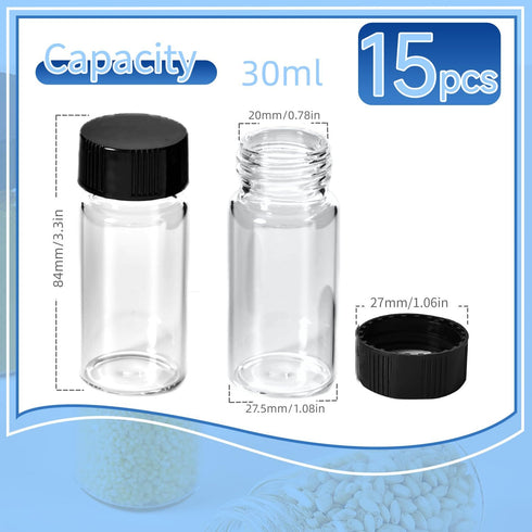 15 PCS 30ML Borosilicate Glass Vials, Small Liquid Sample Vials with 24-400 Black Screw Caps and PE Liner