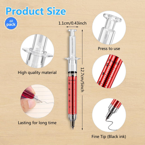 Syringe Pen, Nurse Pen Writes in Black Ink, Imaginary Doctor Play, School Supplies (Red, 60 Pcs)