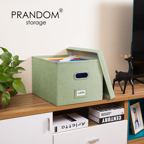 PRANDOM File Organizer Box - Set of 4 Collapsible Decorative Linen Filing Storage Hanging File Folders Green