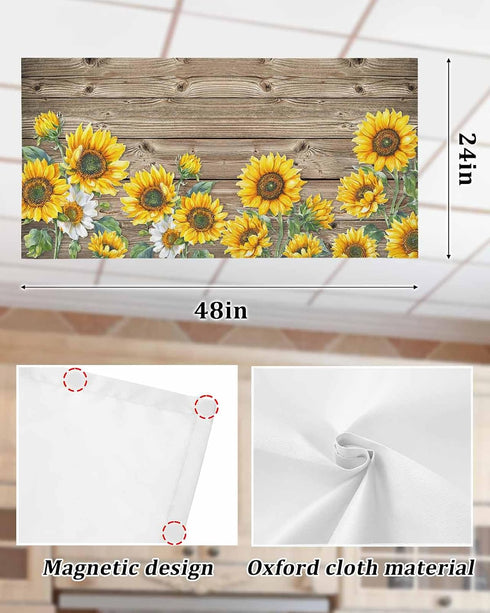 DOME-SPACE Fluorescent Light Covers - Farm Sunflower Magnetic Light Cover for Ceiling, Farmhouse Brown Wood Board