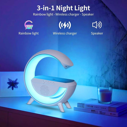 15W Table Lamp with Bluetooth Speaker, G Bedside Light with Wireless Charger, Atmosphere Lighting with Alarm Clock, RGB