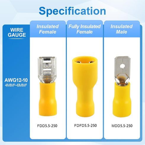 Baomain 1/4" Female Quick Disconnect Spade Terminals - Insulated Crimp Connectors 12-10 AWG 6.3mm (Yellow, 100-Pack)