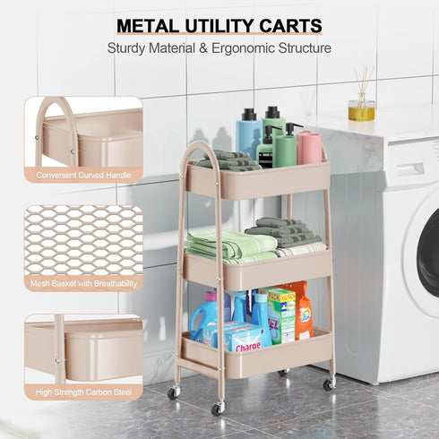 EAGMAK 3 Tier Utility Rolling Cart, Metal Storage Organizer Trolley with Handle and Lockable Wheels, Mesh Baskets for
