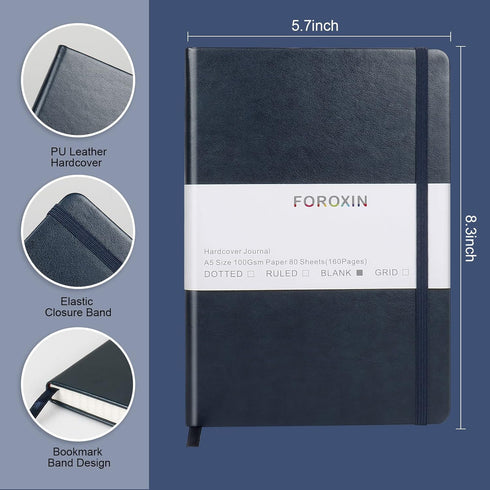 Blank Journal Notebook, (Dark Blue), 160 Pages, Medium 8.3x5.7 inches - 100 gsm Thick Paper, Hardcover by foroxin
