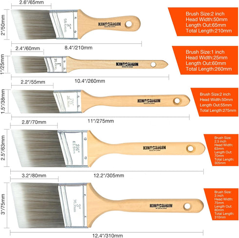 10-Pack Set (1", 1.5", 2", 2.5", 3") King Origin Professional Angled Paint Brushes Synthetic Wall & Trim Brushes