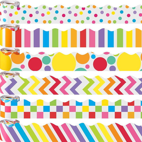 TaoBary 6 Rolls 196.8 ft Rainbow Colorful Bulletin Board Borders, Scalloped Trim Decorations for Classroom