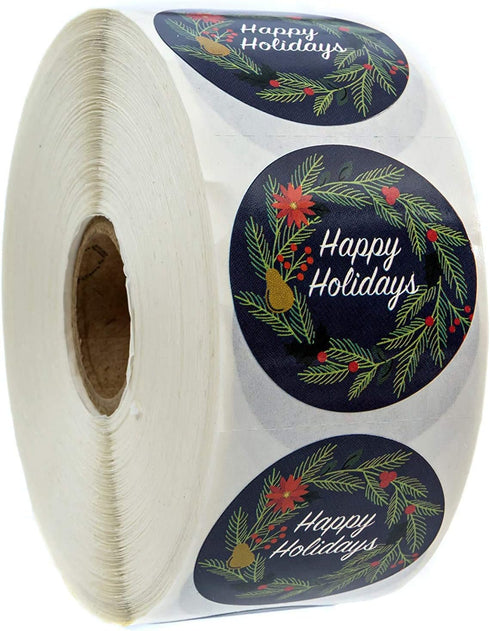 Happy Holidays Stickers, Navy Floral / 1000 Blue Wreath Christmas Labels Roll / 1.5" Round Envelope Seals, Made in USA