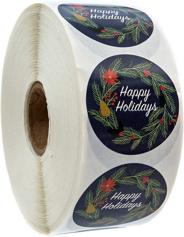 Happy Holidays Stickers, Navy Floral / 1000 Blue Wreath Christmas Labels Roll / 1.5" Round Envelope Seals, Made in USA