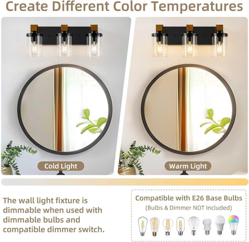 Ablwigh 3-Light Farmhouse Bathroom Light Fixtures, Black Bathroom Vanity Light Fixtures Over Mirror, Rustic Sconces