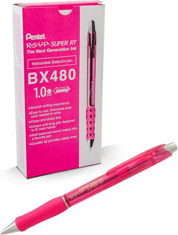 Pentel RSVP Super RT Ballpoint Pen - 1.0mm Medium Line - Pink Ink - Box of 12 Pens