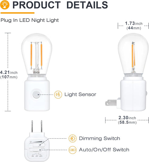 1W 2700K, 10-100LM 1-Pack Warm Night Lights Plug into Wall Motion Sensor, LED Night Light, Adjustable Brightness