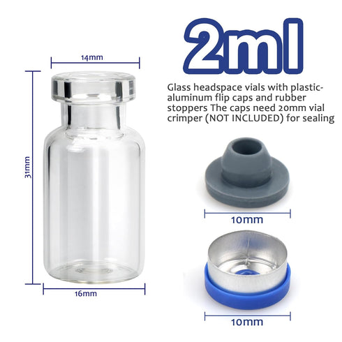 100 Pack Glass Vials, Clear Glass Headspace Vial with Plastic-Aluminum Flip Caps, Rubber Stoppers, 2ml
