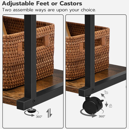 HOOBRO 3-Tier Industrial Printer Stand with Charging Station, Rolling Printer Cart, Adjustable Shelf and Hook, Rustic