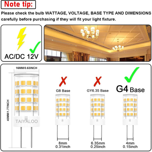 TAIYALOO G4 LED Bulbs 5W T3, 12V AC/DC JC Bi-Pin Base Halogen Replacement for Outdoor Landscape Lighting, Warm White