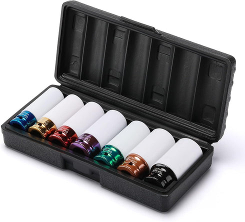 7PCS 1/2" Set, Set-17mm, 19mm, 21mm, 22mm, 23mm, 24mm, 27mm EMENTOL Drive Thin Wall Deep Wheel Protector Impact Socket