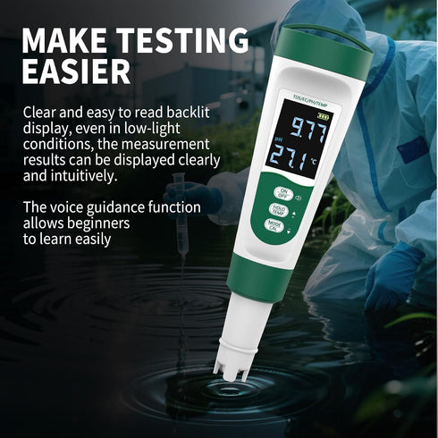 5-in-1 Swimming Digital PH Meter, with Voice Function, PH/TDS/EC/Temp/Salt Pool Salt Tester, Waterproof & Rechargeable