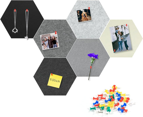 Tikea Hexagon Felt Bulletin Board, 6 Pcs Large Self Adhesive Pin Boards for Wall Decor