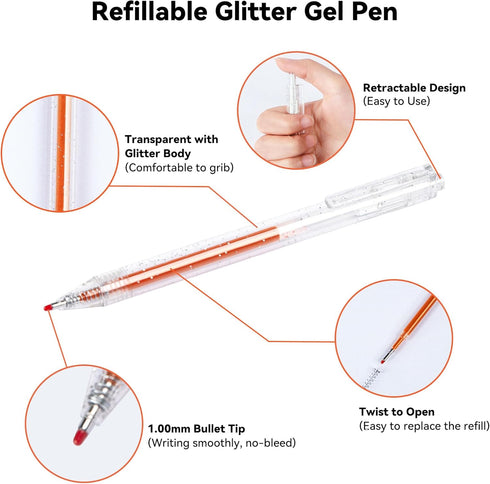 Sparkle Glitter Gel Pens, 1mm Fine Point Metallic Glitter Gel Pen Set for Journaling, Art Projects, Kids Coloring