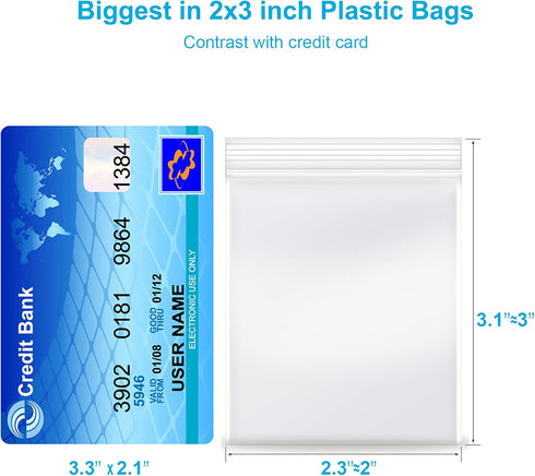 2''x 3'', (Pack of 200) Small Clear Poly Zipper Bags, Reclosable Zipper Lock Storage Plastic Bags for Jewelry, Beads, Screws & Small Items