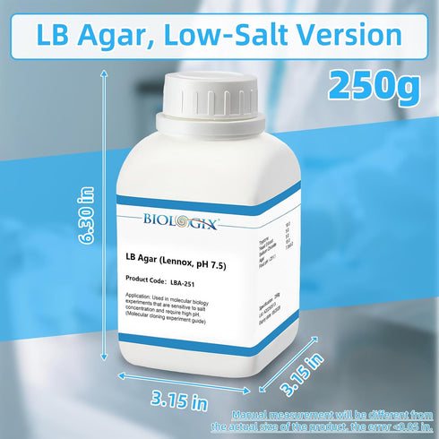 LB LB 250 Agar Medium, Luria Low Salt, Powder, Laboratory Grade with Tryptone, Yeast Paste & Sodium Chloride, Agar