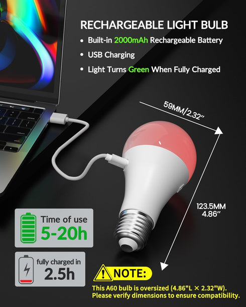 E26 Bulb Bulb,RGB 3 Temperature,Dimmable Bulb Lamps,2 Pack(4.86" Rechargeable Light with Remote Control,Battery Light