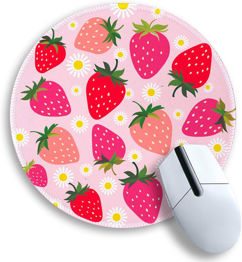 Gctriki Strawberry Mouse Pads, Cute Small Round Mousepad with Stitched Edge, Non-Slip Rubber Base