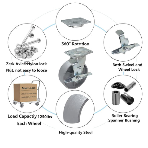 Heavy Duty Caster Steel Cast Iron Wheel, Tool Box and Workbench Swivel Caster with 1250LB Capacity (6 inch, 1 Brake)