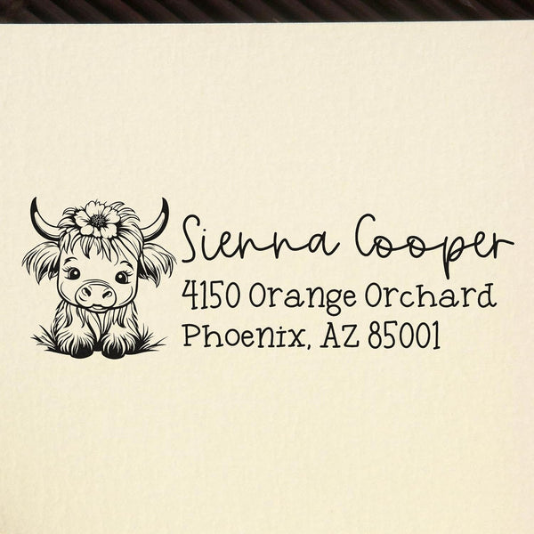Premium Pre-Inked Personalized Name and Address Stamp, Custom Shaggy Highland Cow Design,