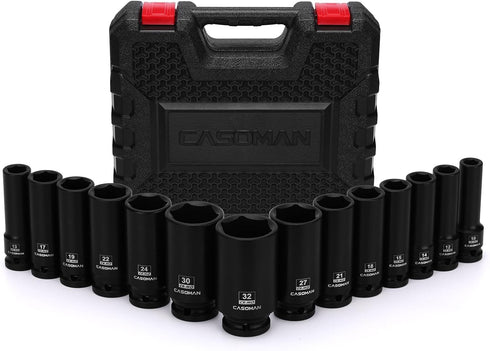 CASOMAN 14PCS 1/2" Drive Deep Impact Socket Set, Metric, 6-Point, CR-MO, 10mm