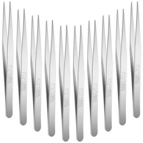10 Pcs Stainless Steel Tweezers, Long Tweezers with Flat Round Tip for Hair Removal and Electrical Repair