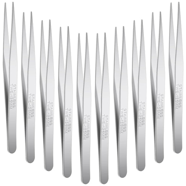 10 Pcs Stainless Steel Tweezers, Long Tweezers with Flat Round Tip for Hair Removal and Electrical Repair