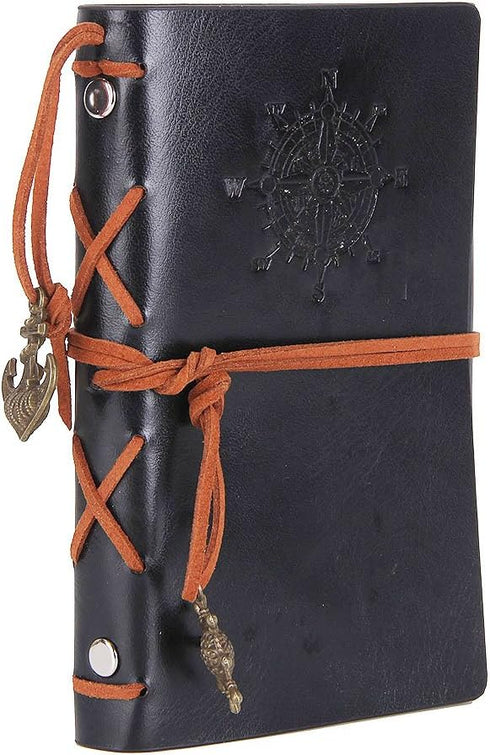 EvZ Leather Writing Journal Notebook, 5 Inches, Vintage Nautical Spiral Blank Diary, Black
