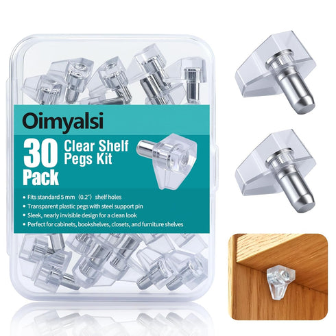 Oimyalsi 30 Pack Clear Shelf Pegs 5mm (3/16'') Shelf Pins with Extended Steel