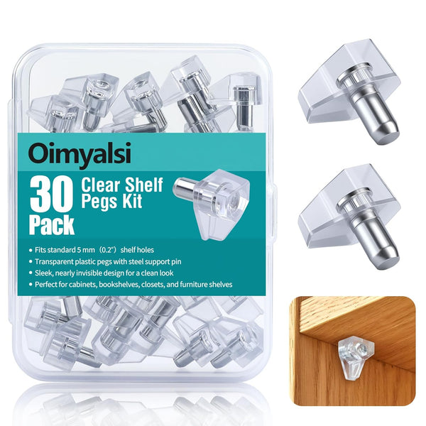 Oimyalsi 30 Pack Clear Shelf Pegs 5mm (3/16'') Shelf Pins with Extended Steel