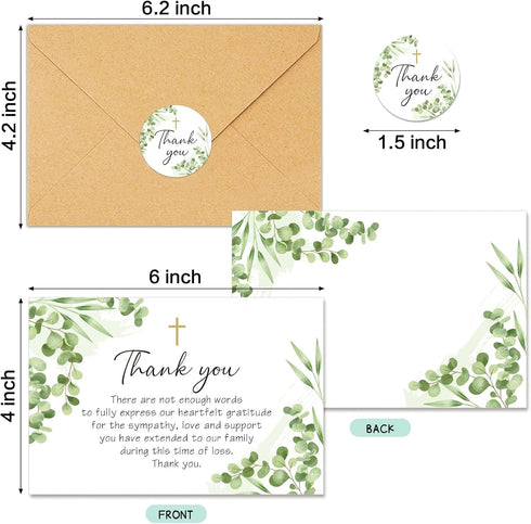 50Pcs Funeral Sympathy Thank You Cards with Envelopes and Matching Seal Stickers, Green Leaf Cross Bereavement Card