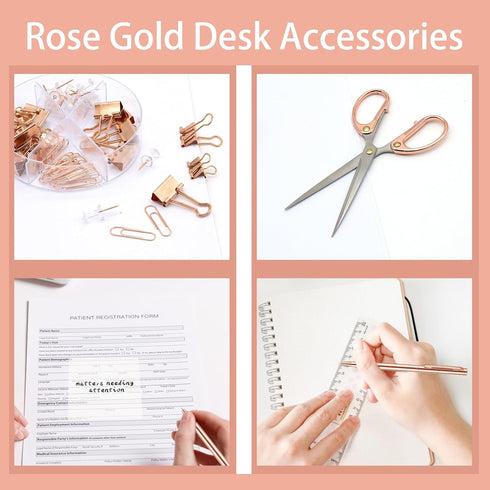 UPIHO Rose Gold Office Supplies Set, Stapler and Tape Dispenser with Clips, Scissors, and Sticky Notes