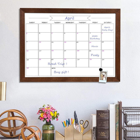 TORASO Dry Erase Monthly Calendar Board, Magnetic Whiteboard for Wall, Solid Wood Walnut Brown Frame, 10.5"x 14.5"