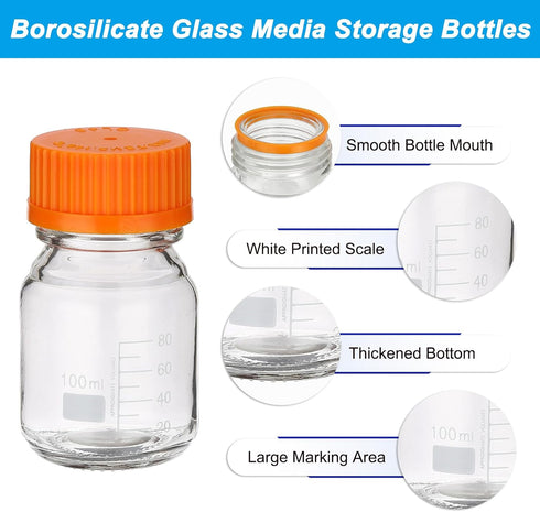 PATIKIL 2 Pack 100ml Borosilicate Glass Reagent Media Storage Bottles with Orange GL32 Screw Cap, Clear