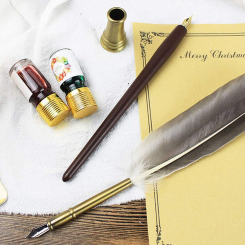 GIFTS Calligraphy Pen Set, 12-Piece Kit, 5 Nib & 5 Ink Set, Antique Dip Feather Pen Set (Wood + Feather)