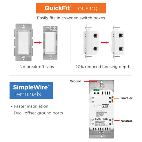 UltraPro Add-On Switch, QuickFit and SimpleWire, Z-Wave ZigBee Wireless Smart Lighting Controls, 59349