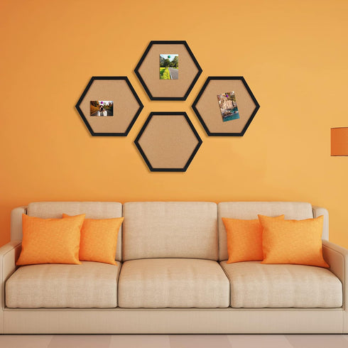 HAKZEON 6 Pack Hexagon Cork Board: 12"x12" Black Framed Decorative Bulletin Board with 48 Push Pins