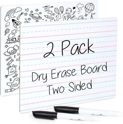 Small White Board - Small Dry Erase Board for Kids, Double Sided Lined Whiteboard with Black Marker - 9x12 Inch, 2 Pack