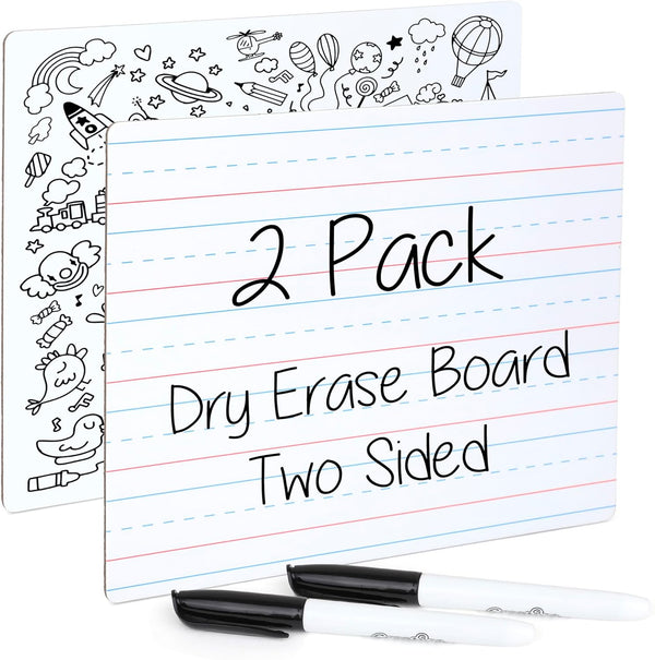 Small White Board - Small Dry Erase Board for Kids, Double Sided Lined Whiteboard with Black Marker - 9x12 Inch, 2 Pack