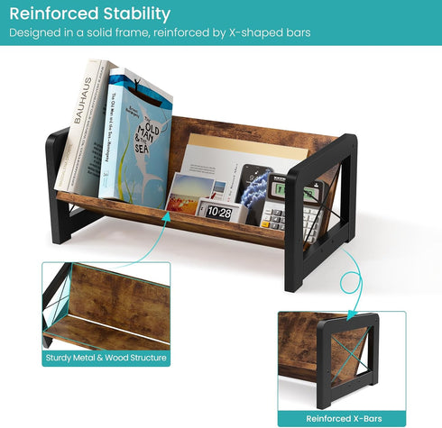 ELITEROO Desktop Bookshelf Organizer, Wood Slanted Desk Bookshelf, Small Tabletop Book Rack, Portable Mini Bookcase