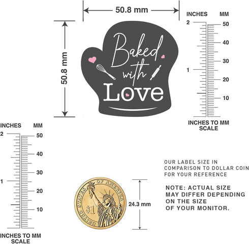 easykart 300 Baked with Love Stickers in Sheets - Dark Grey Color, 2" x 2" Die Cut Design, Recommended for Bakeries