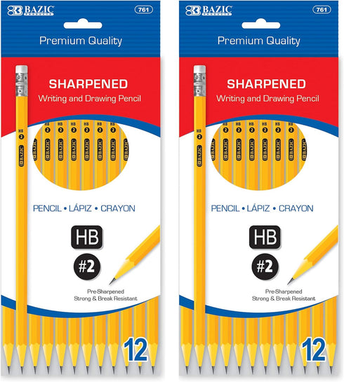 BAZIC Pre-Sharpened #2 HB Pencils, Latex Free Eraser, Yellow Pencils for School and Office (12/Pack, 2-Packs)