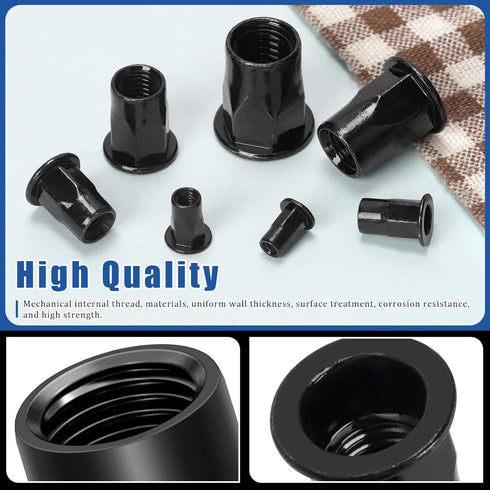 Glarks 250pcs Set M3 M4 M5 M6 M8 M10 M12 Thread Half Hexagonal Rivet Nuts Black Zinc Plated Carbon Steel Flat Head
